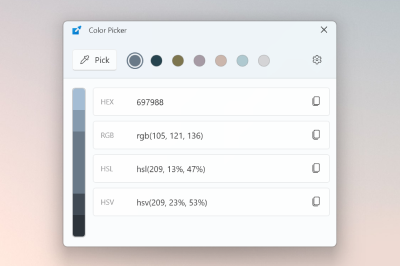 Color Picker panel showing HEX, RGB, HSL, and HSV color values