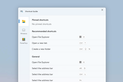 Shortcut Guide overlay listing Windows key keyboard shortcuts