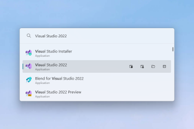 PowerToys Run launcher with Visual Studio search results and quick actions
