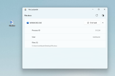 File Locksmith dialog listing WINWORD.EXE as the process locking a document